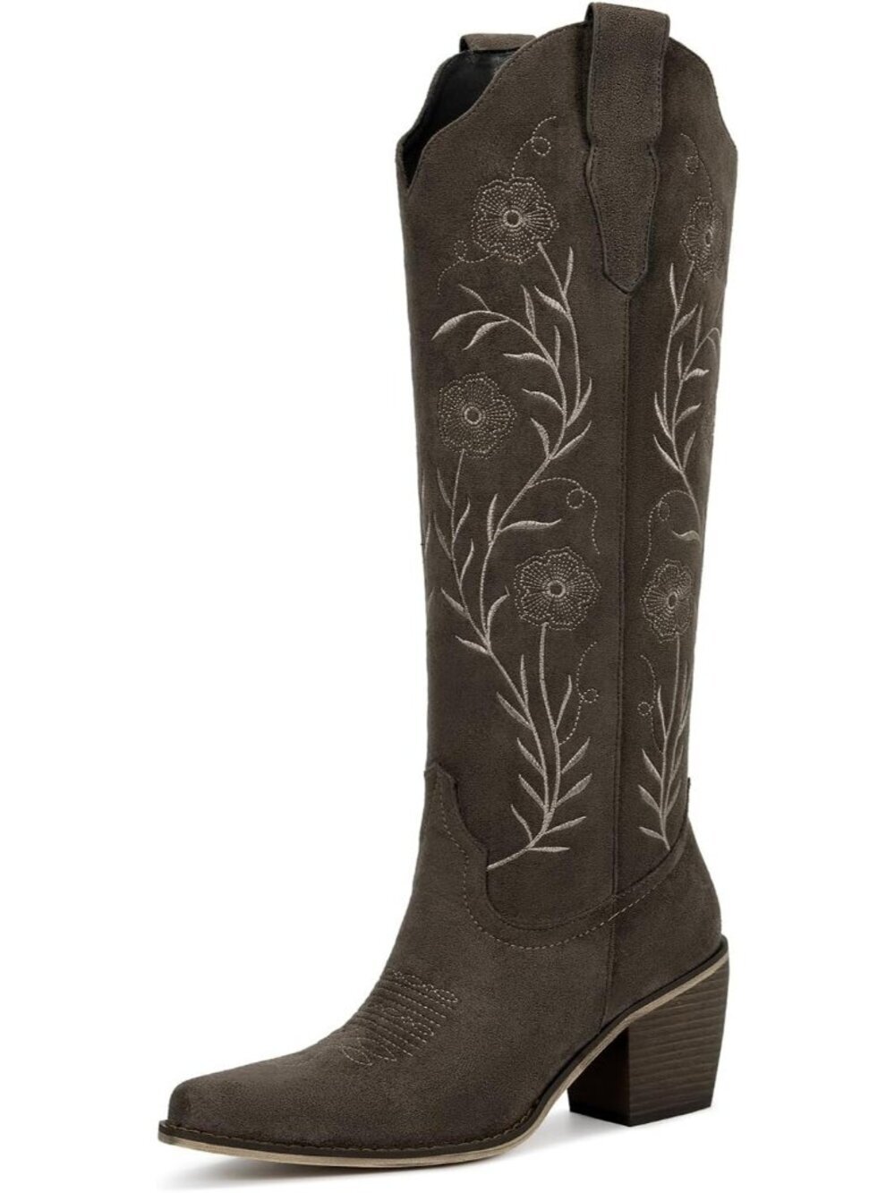 Women' Suede Dark Grey Cowboy Boots Knee High Comfort Vintage Floral Embroidery